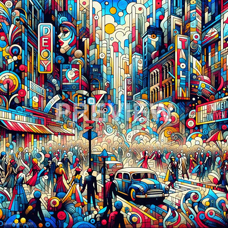 The image depicts a vibrant, abstract cityscape filled with numerous tall buildings, billboards, and signs, all rendered in a colorful, geometric style. In the foreground, there are many stylized people walking on the streets, along with a vintage car and a streetlamp, creating a lively urban scene. The sky above is partly cloudy with a mix of abstract shapes and patterns, adding to the energetic and dynamic atmosphere of the artwork.